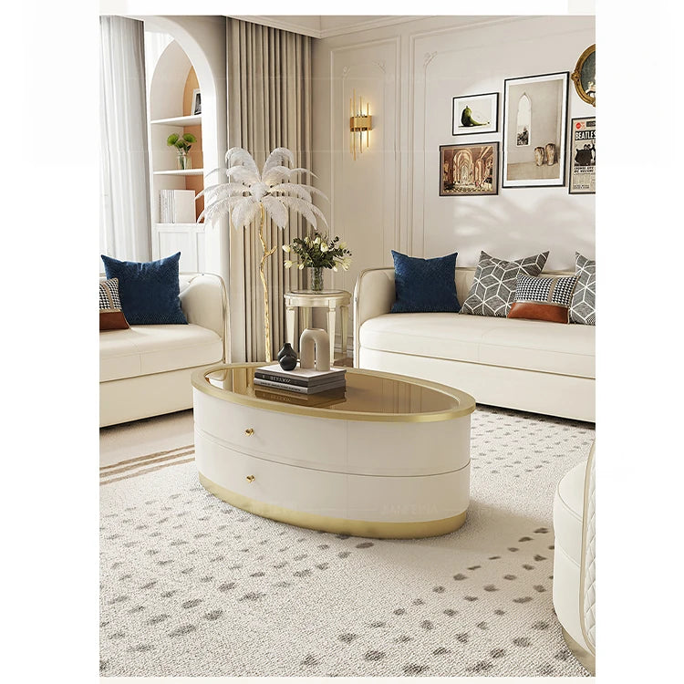 Elegant Oval Coffee Table with Tempered Glass Top and Solid Wood Base - Modern Living Room Centerpiece fjfn-5288