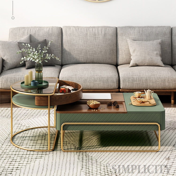 Elegant Solid Wood Tea Table with Green and White Glass Top fjnl-1587