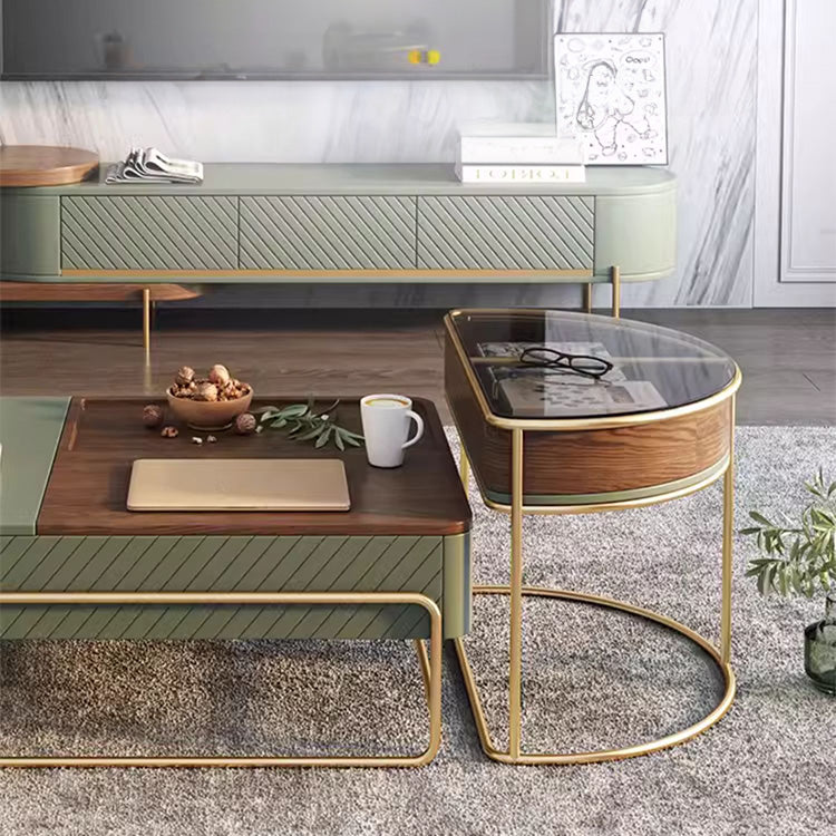 Elegant Solid Wood Tea Table with Green and White Glass Top fjnl-1587