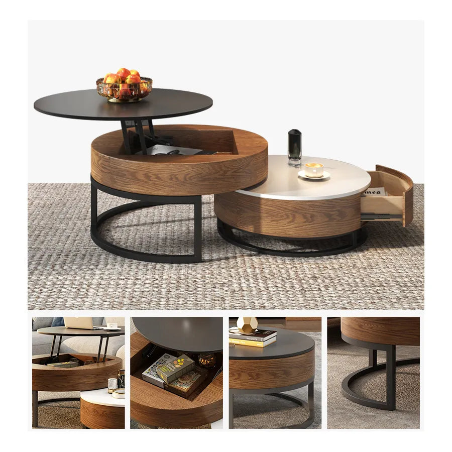 Stylish Round Tea Table - Solid Wood & Ceramic Sintered Stone Design fjnl-2448