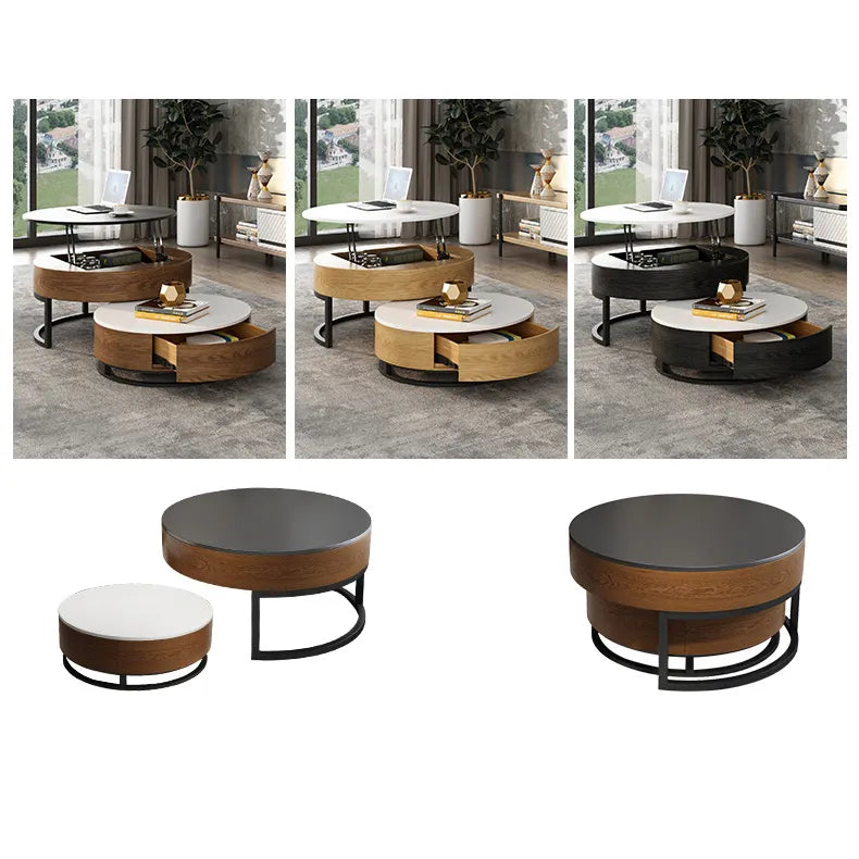 Stylish Round Tea Table - Solid Wood & Ceramic Sintered Stone Design fjnl-2448