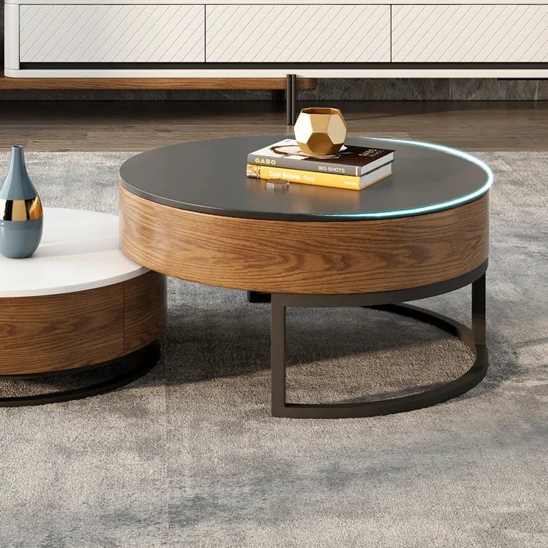 Stylish Round Tea Table - Solid Wood & Ceramic Sintered Stone Design fjnl-2448