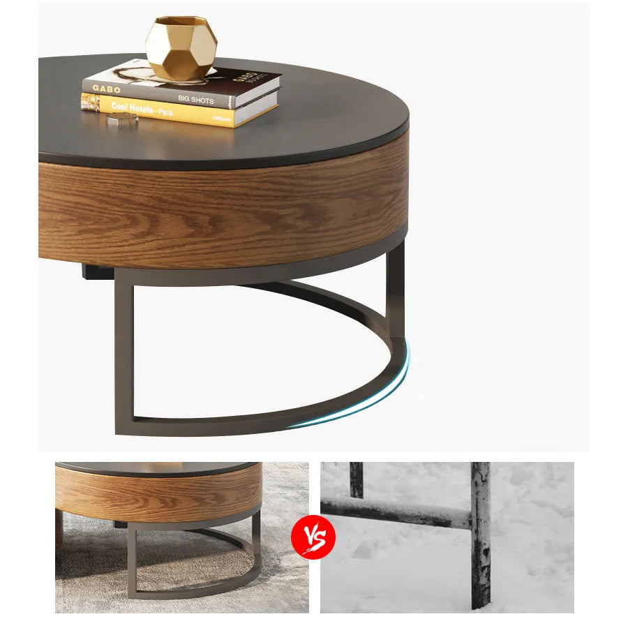 Stylish Round Tea Table - Solid Wood & Ceramic Sintered Stone Design fjnl-2448