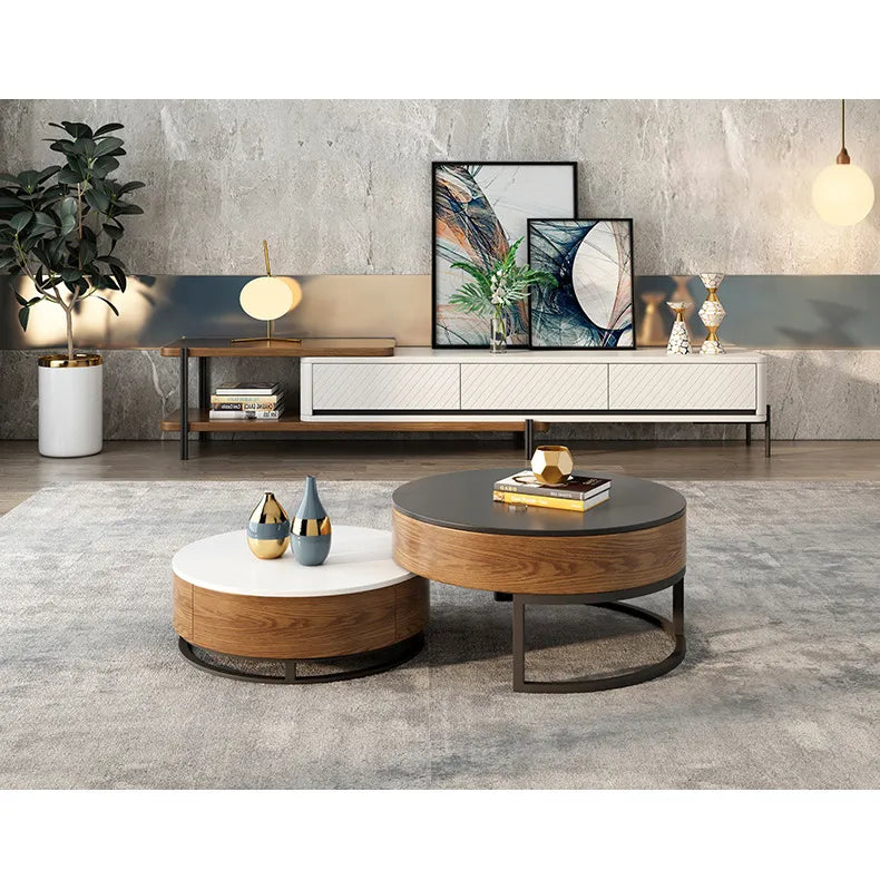 Stylish Round Tea Table - Solid Wood & Ceramic Sintered Stone Design fjnl-2448