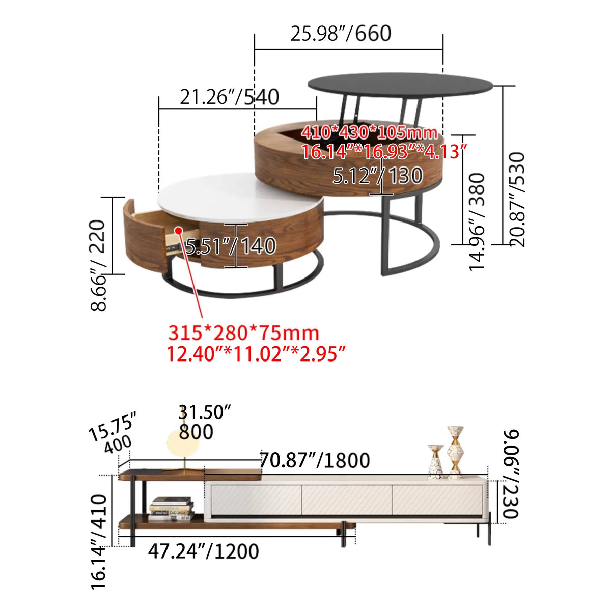 Stylish Round Tea Table - Solid Wood & Ceramic Sintered Stone Design fjnl-2448