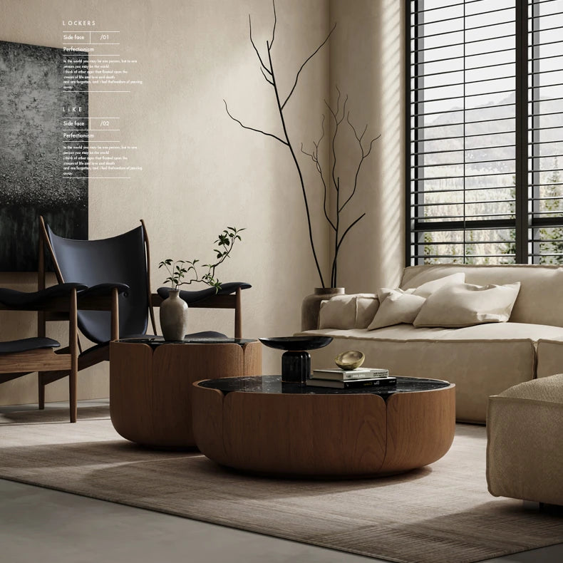 Elegant Solid Wood Round Marble Tea Table - Modern Design, Perfect Living Room Centerpiece fkb-4382