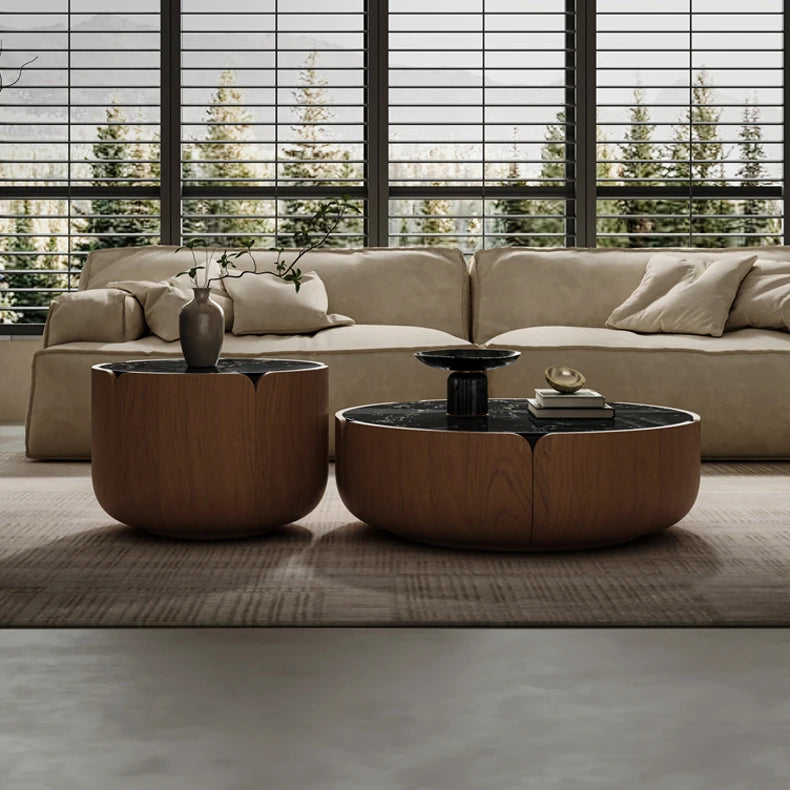 Elegant Solid Wood Round Marble Tea Table - Modern Design, Perfect Living Room Centerpiece fkb-4382