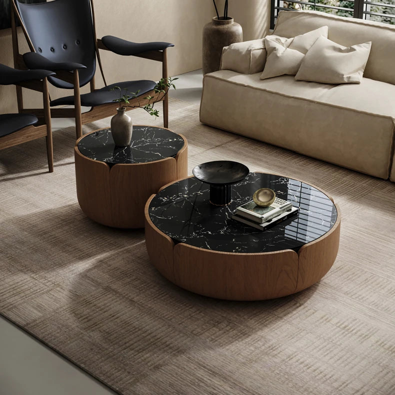Elegant Solid Wood Round Marble Tea Table - Modern Design, Perfect Living Room Centerpiece fkb-4382