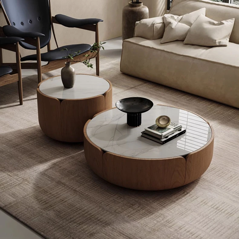 Elegant Solid Wood Round Marble Tea Table - Modern Design, Perfect Living Room Centerpiece fkb-4382