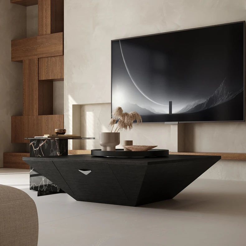 Modern Geometric Tea Table with Solid Wood and Tempered Glass Accents fkb-4387