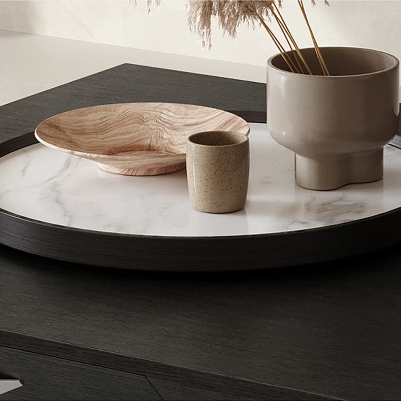 Modern Geometric Tea Table with Solid Wood and Tempered Glass Accents fkb-4387