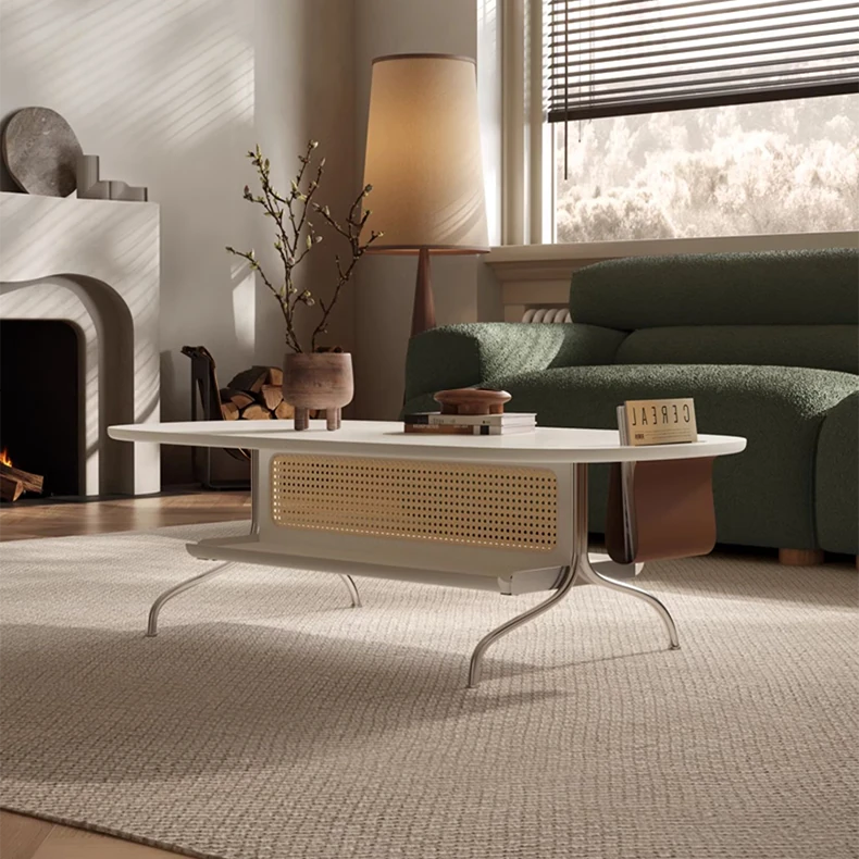 Sleek Multi-Layer Board Tea Table with Stainless Rattan Design and Synthetic Leather Accents fkb-4393