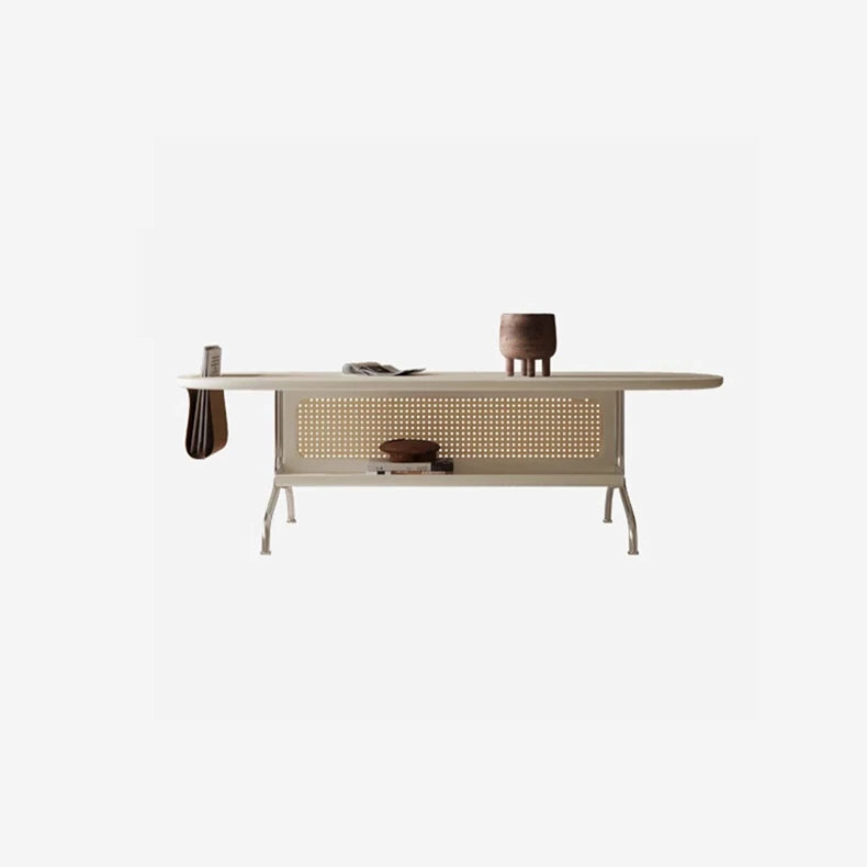 Sleek Multi-Layer Board Tea Table with Stainless Rattan Design and Synthetic Leather Accents fkb-4393