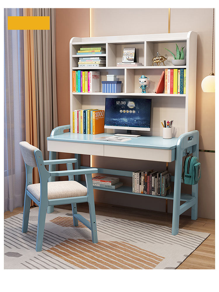 Stylish Multi-Color Home Office Desk - Natural Wood, White, Blue, Pink - Durable Rubber Wood and Particle Board fl-258