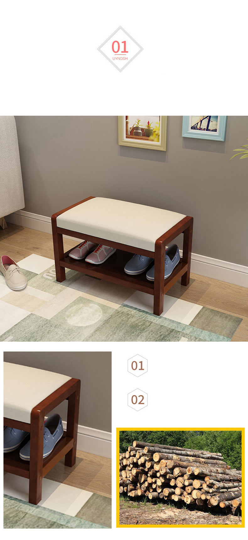 Elegant Brown Rubber Wood Stool with White PU Leather Seat and Particle Board Frame fl-260