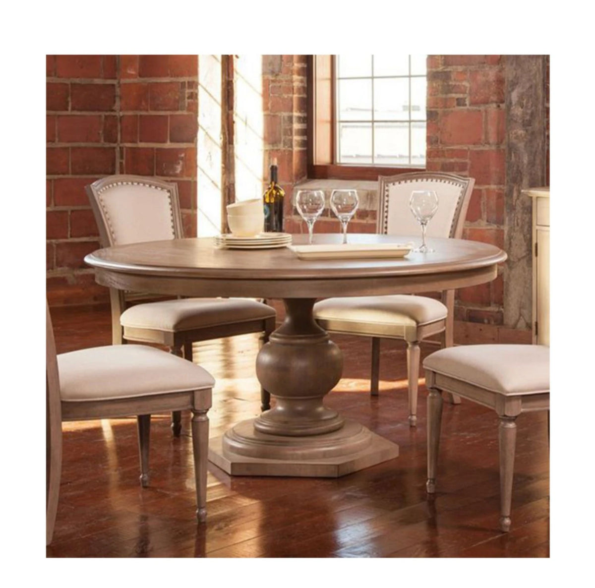 Elegant Round Oak Multi-Layer Board Dining Table with Upholstered Chairs - Perfect for Modern Homes fljgj-2110