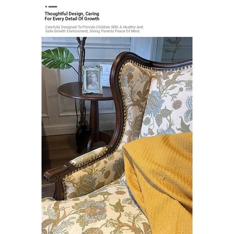 **Elegant Oak Wingback Chair with Floral Cotton-Ramie Fabric - Cozy Accent for Any Living Space** fljgj-2114