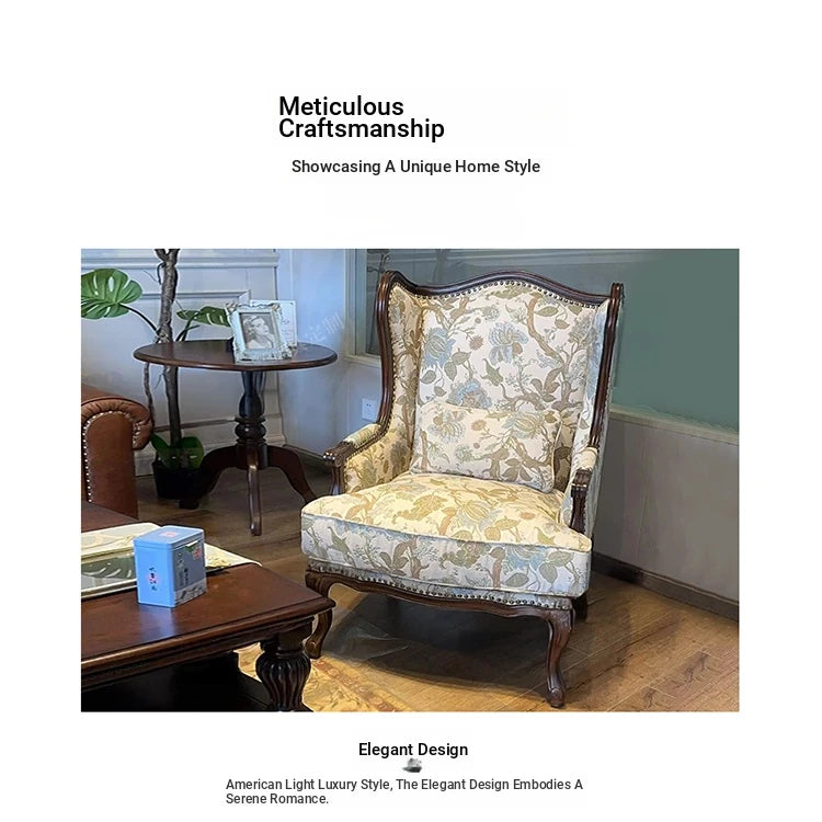 **Elegant Oak Wingback Chair with Floral Cotton-Ramie Fabric - Cozy Accent for Any Living Space** fljgj-2114