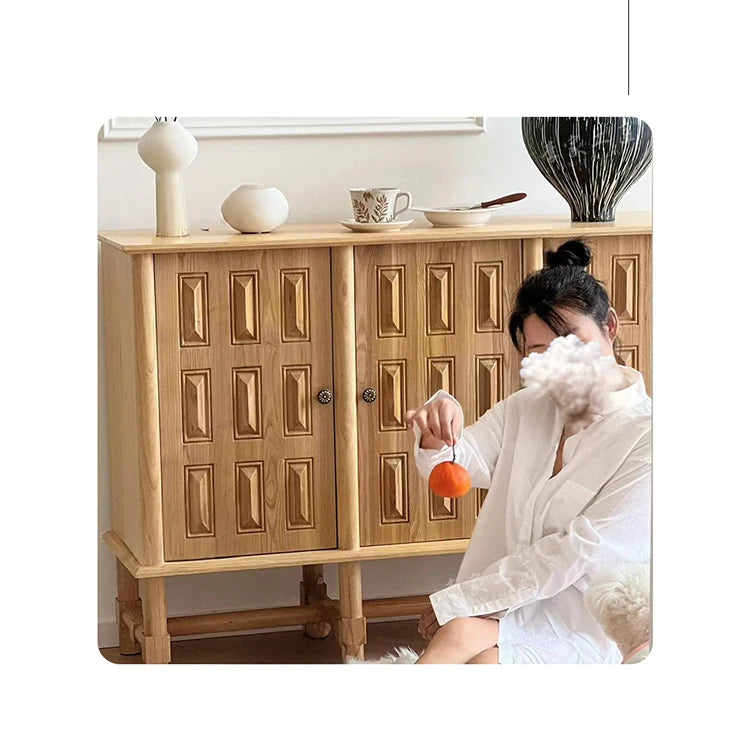 Stylish Oak Multi-Layer Board Cabinet with Unique Patterned Doors – Perfect Storage Solution for Modern Homes! fljgj-2139