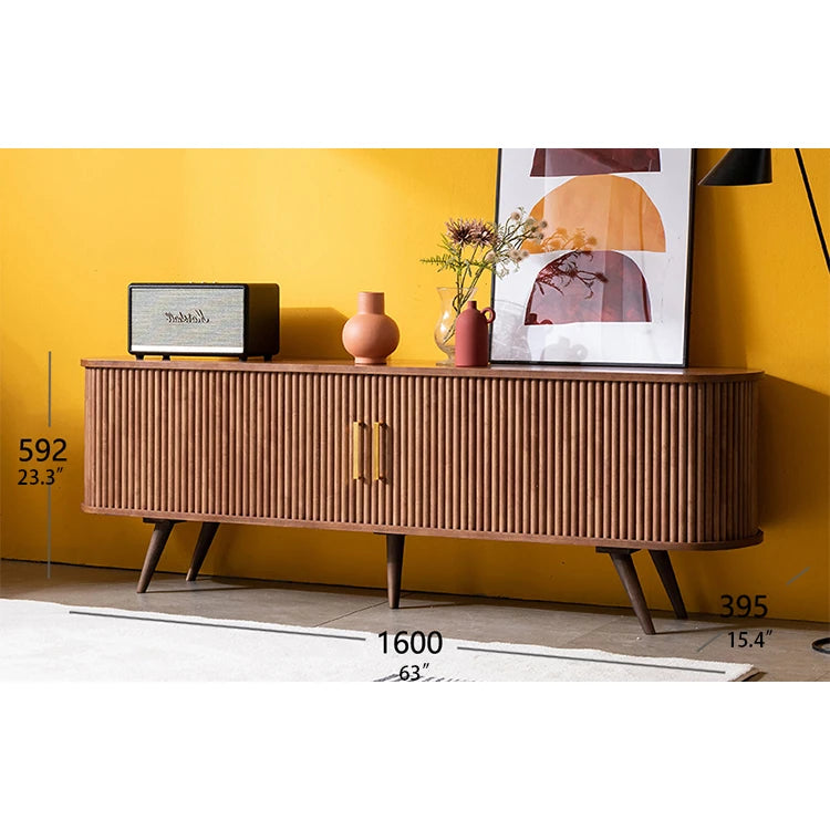 Elegant Mid-Century Modern TV Stand with Ribbed Design and Golden Accents - Perfect for Stylish Living Spaces fls-5334