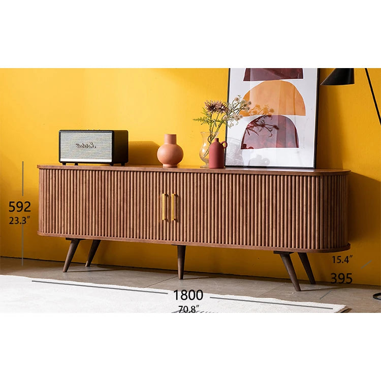 Elegant Mid-Century Modern TV Stand with Ribbed Design and Golden Accents - Perfect for Stylish Living Spaces fls-5334