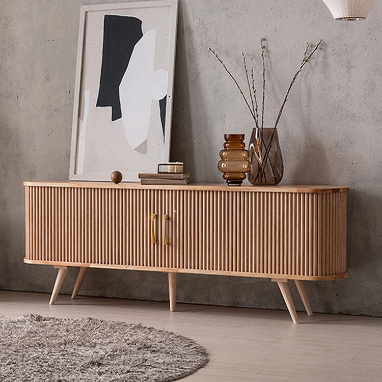 Elegant Mid-Century Modern TV Stand with Ribbed Design and Golden Accents - Perfect for Stylish Living Spaces fls-5334
