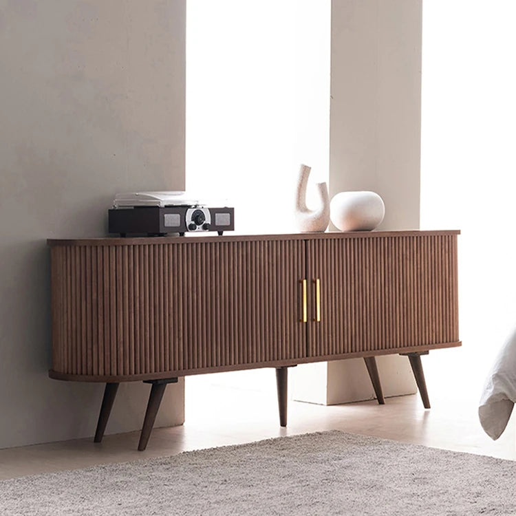 Elegant Mid-Century Modern TV Stand with Ribbed Design and Golden Accents - Perfect for Stylish Living Spaces fls-5334