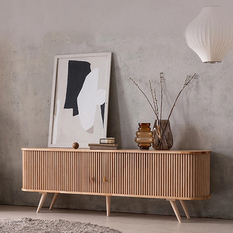 Elegant Mid-Century Modern TV Stand with Ribbed Design and Golden Accents - Perfect for Stylish Living Spaces fls-5334