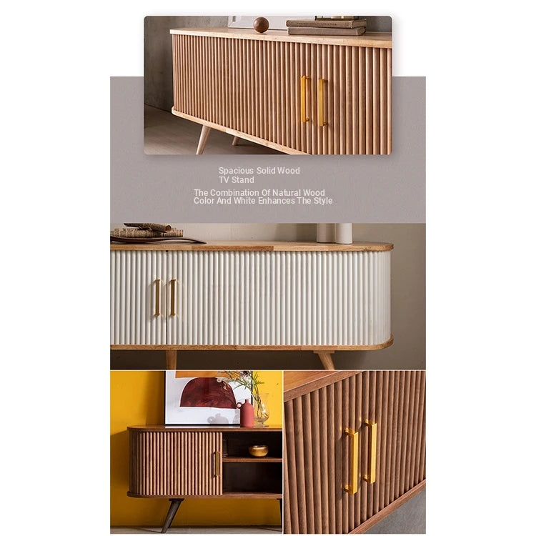 Elegant Mid-Century Modern TV Stand with Ribbed Design and Golden Accents - Perfect for Stylish Living Spaces fls-5334