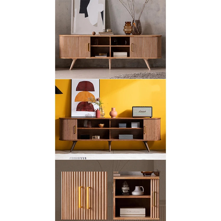 Elegant Mid-Century Modern TV Stand with Ribbed Design and Golden Accents - Perfect for Stylish Living Spaces fls-5334