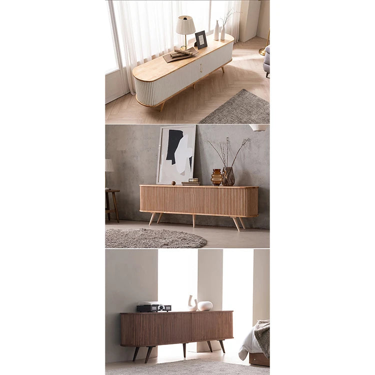 Elegant Mid-Century Modern TV Stand with Ribbed Design and Golden Accents - Perfect for Stylish Living Spaces fls-5334