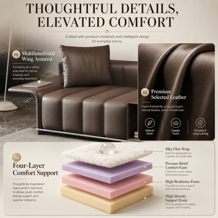 Modern Luxury Genuine Leather Sofa, Piano Key-Inspired Cream Brown 4/5-Seater Couch for Minimalist Living Room flsd-5178