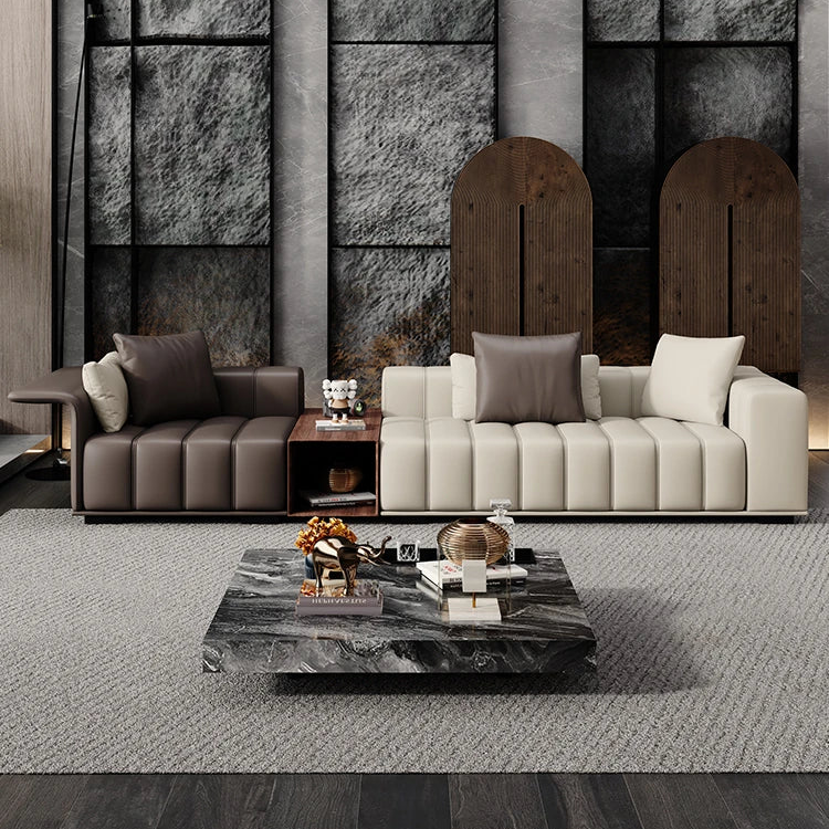 Modern Luxury Genuine Leather Sofa, Piano Key-Inspired Cream Brown 4/5-Seater Couch for Minimalist Living Room flsd-5178