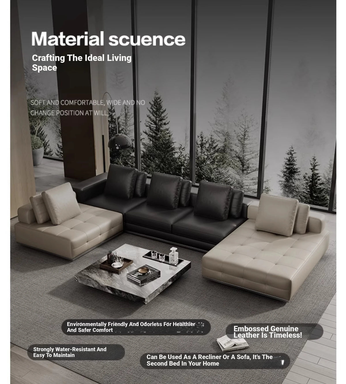 Luxurious Cowhide Leather Sectional Sofa with Plush Foam and Goose Down Feather Cushions – Modern Design in Elegant Black and Beige flsd-5179