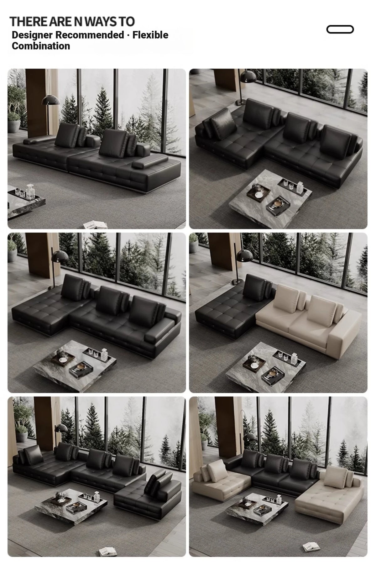 Luxurious Cowhide Leather Sectional Sofa with Plush Foam and Goose Down Feather Cushions – Modern Design in Elegant Black and Beige flsd-5179