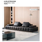 Luxurious Cowhide Leather Sectional Sofa with Plush Foam and Goose Down Feather Cushions – Modern Design in Elegant Black and Beige flsd-5179