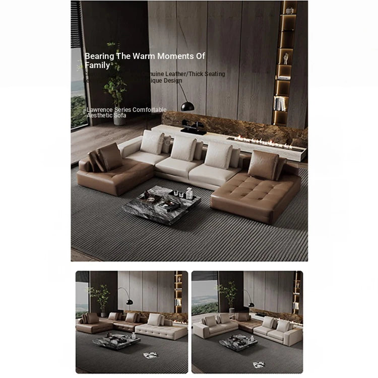 Luxurious Cowhide Leather Sectional Sofa with Plush Foam and Goose Down Feather Cushions – Modern Design in Elegant Black and Beige flsd-5179