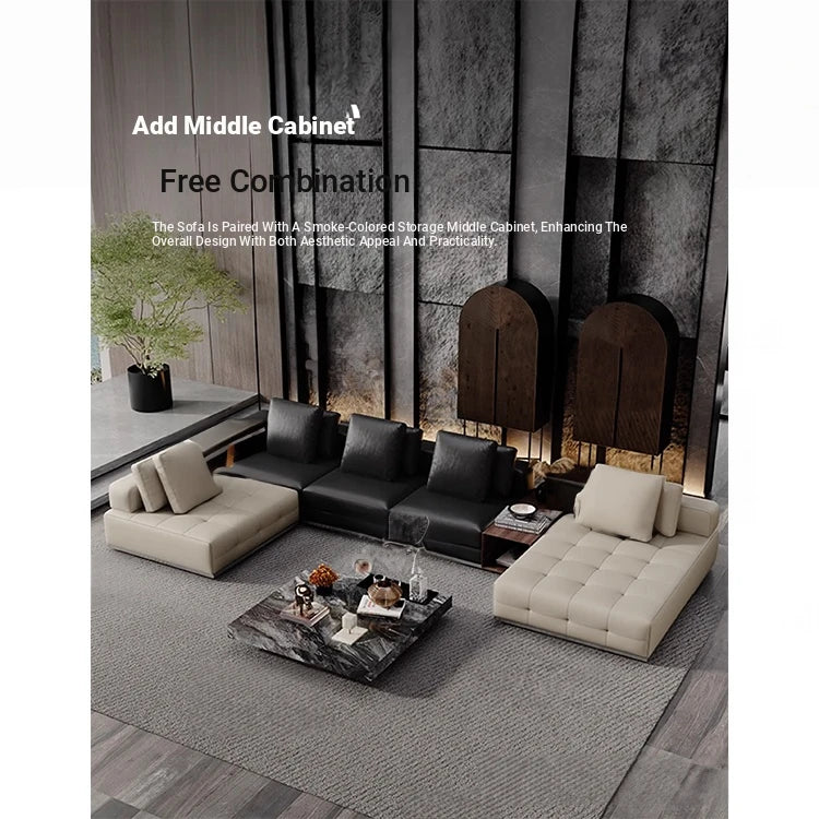 Luxurious Cowhide Leather Sectional Sofa with Plush Foam and Goose Down Feather Cushions – Modern Design in Elegant Black and Beige flsd-5179