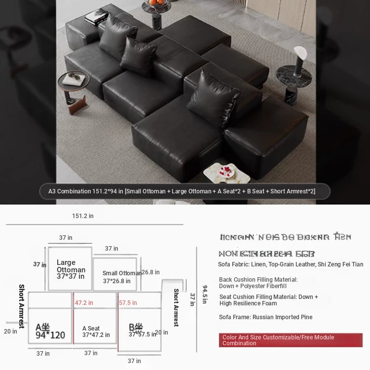 Luxurious Modular Sofa in Cowhide Leather – Versatile and Modern Design for Your Living Space flsd-5182
