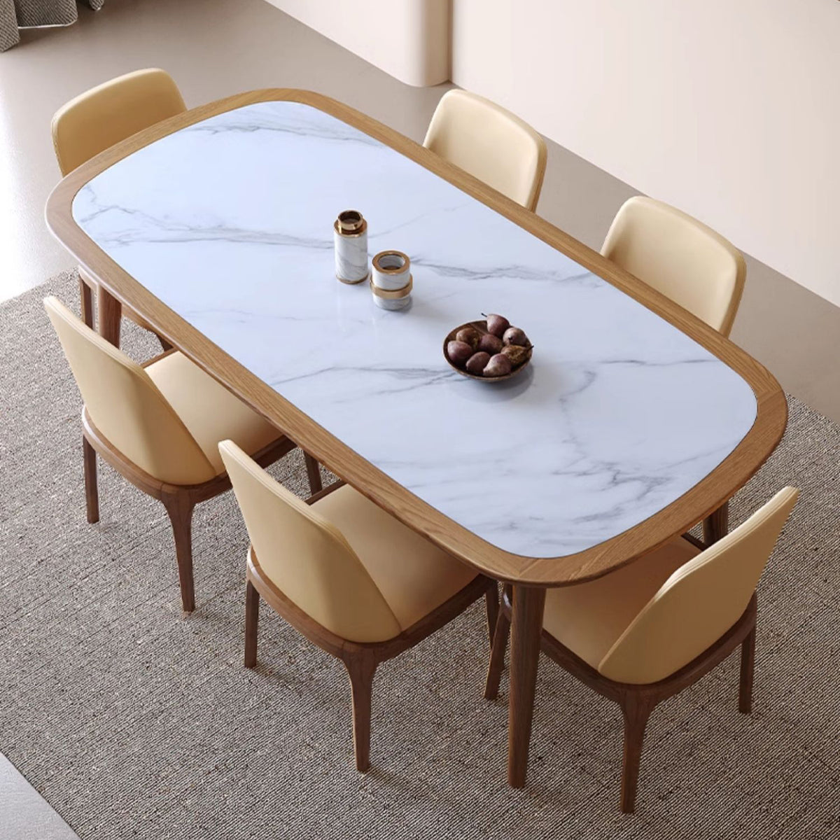 Sleek Matte White Sintered Stone & Ash Wood Dining Table – Modern Elegance for Your Home fmbs-002