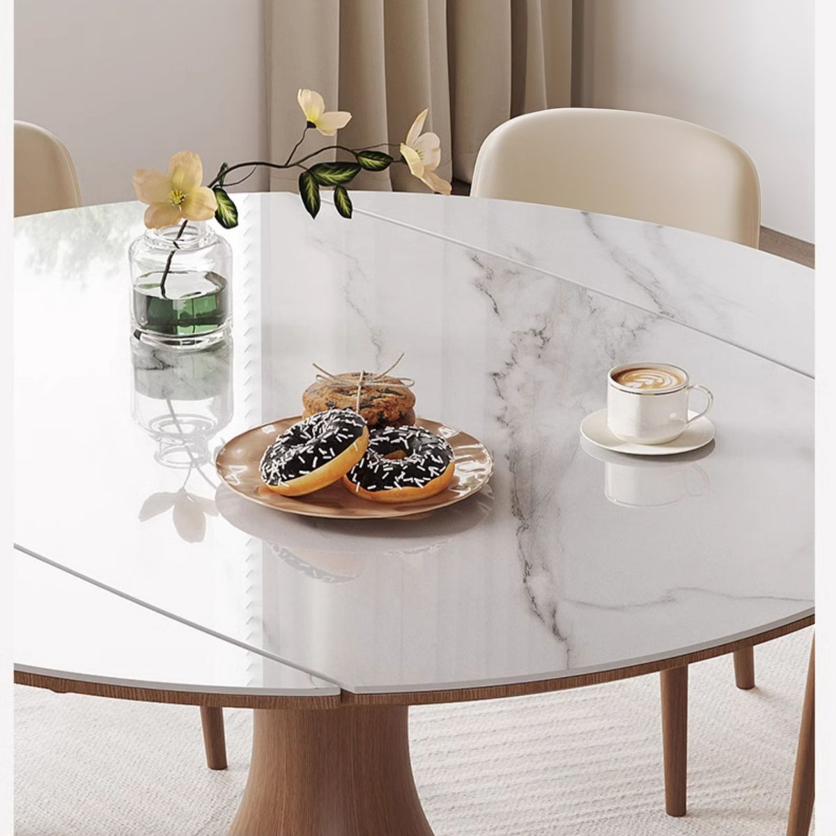 Elegant Glossy White Sintered Stone Table with Oak Wood Base for Modern Interiors fmbs-003