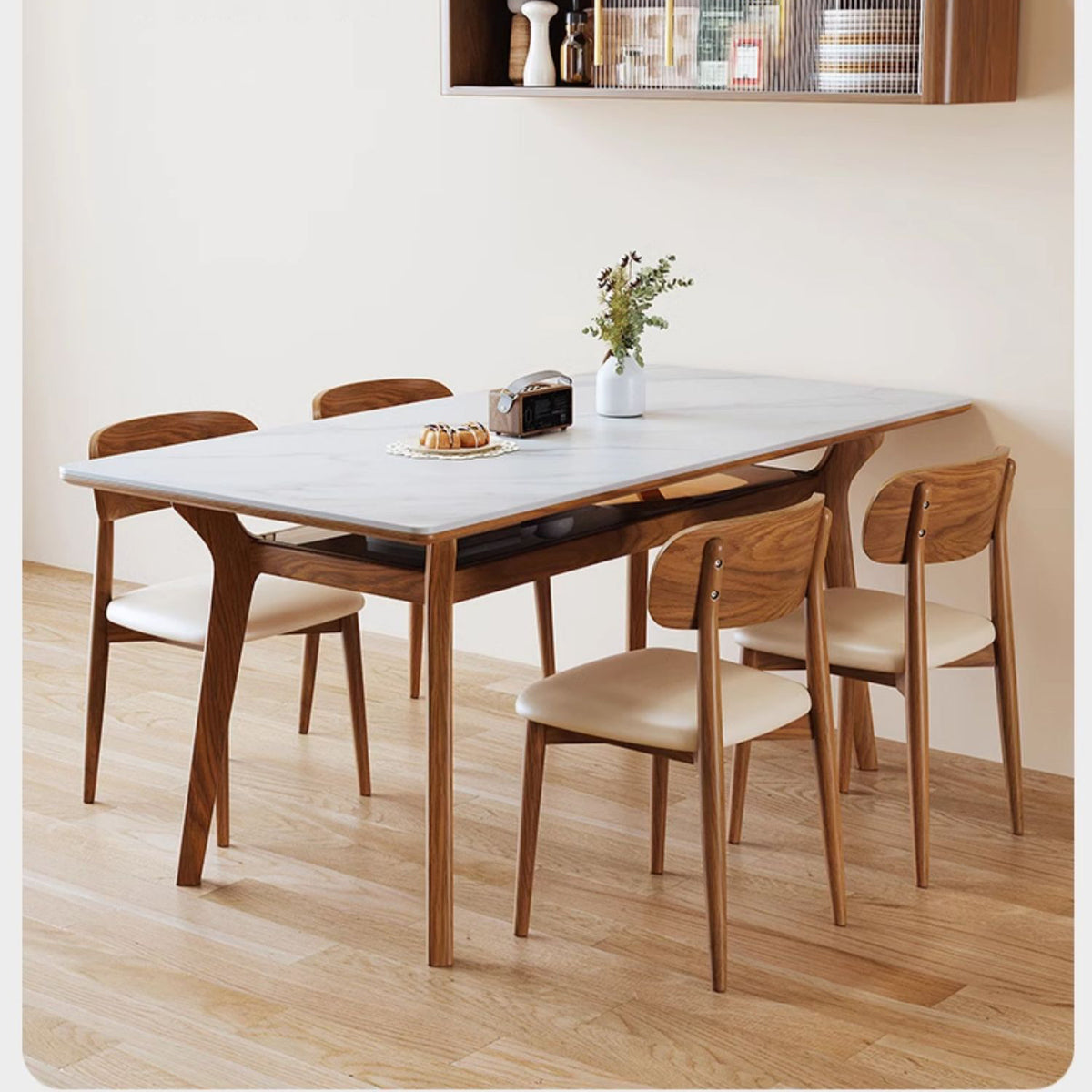 Elegant Brown Frame Table with Natural Sintered Stone and Glass Top, Ash Wood Design fmbs-010