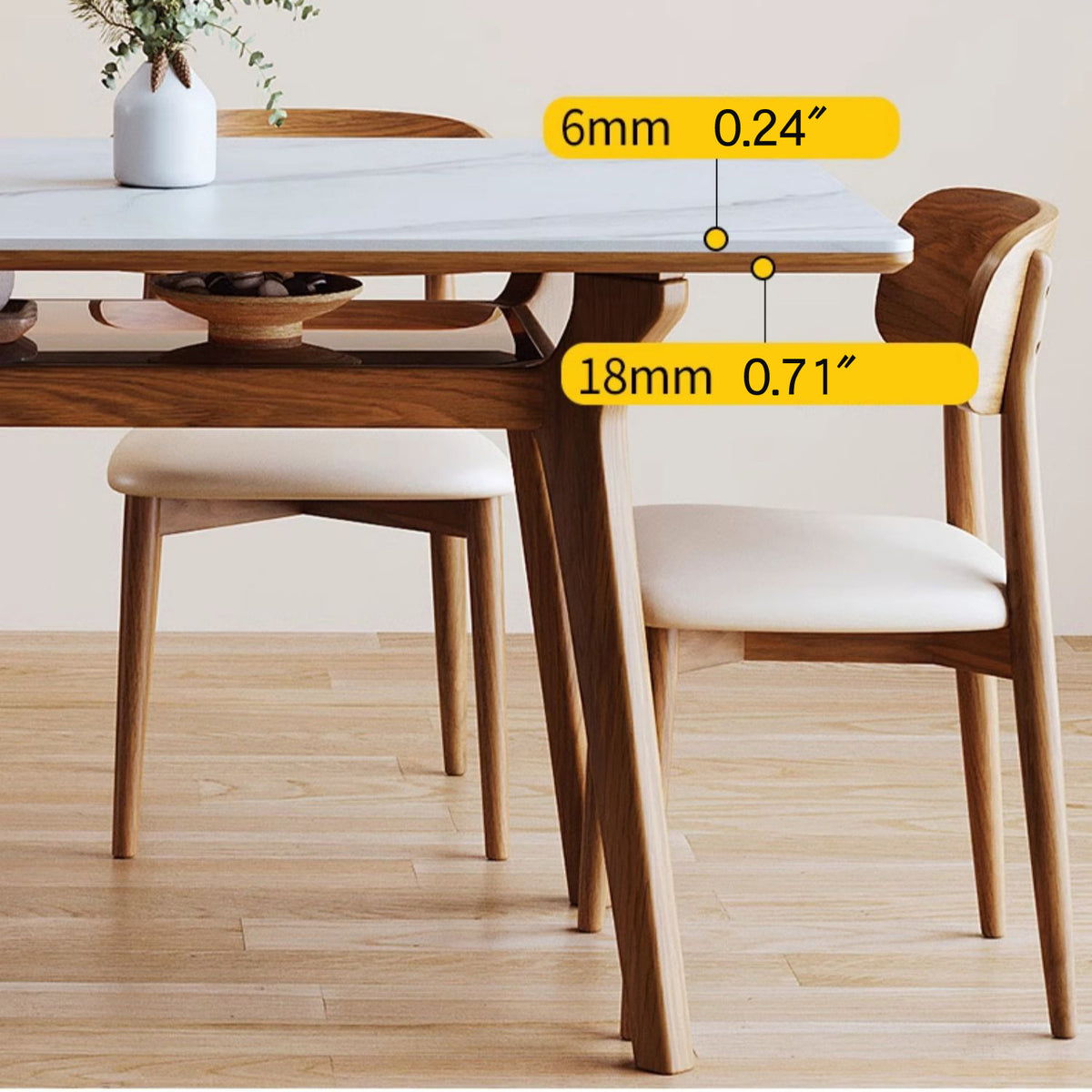 Elegant Brown Frame Table with Natural Sintered Stone and Glass Top, Ash Wood Design fmbs-010