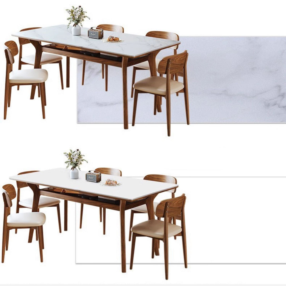 Elegant Brown Frame Table with Natural Sintered Stone and Glass Top, Ash Wood Design fmbs-010