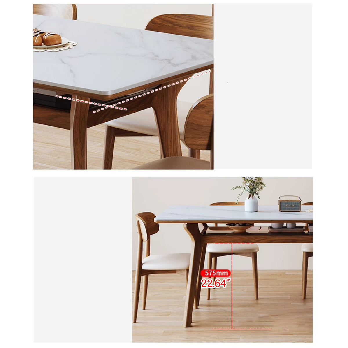 Elegant Brown Frame Table with Natural Sintered Stone and Glass Top, Ash Wood Design fmbs-010