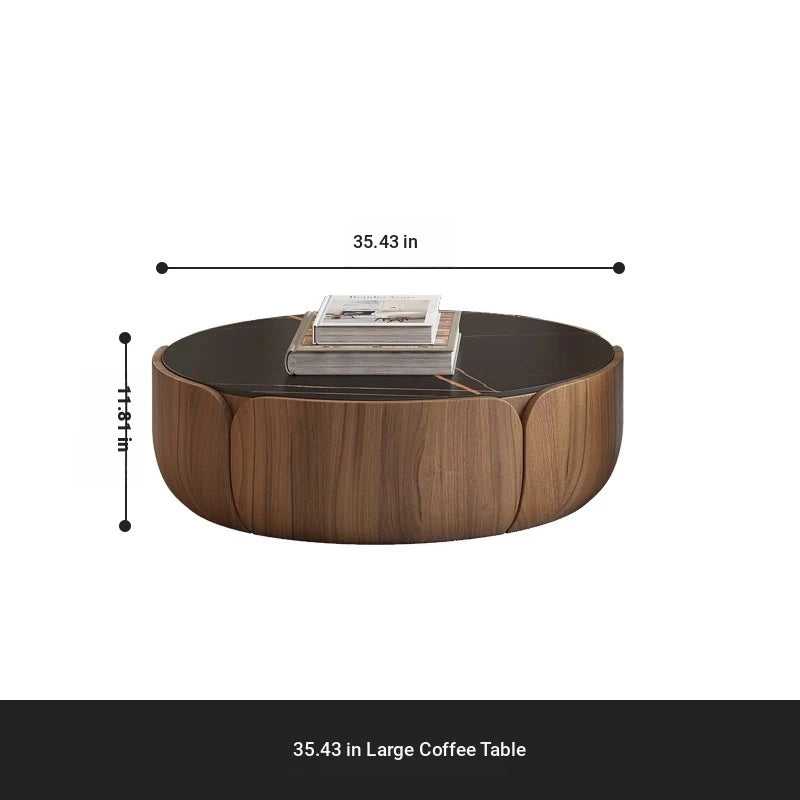 Round Sintered Stone Coffee Table with Storage - Modern Wood Accent Design for Living Room Elegance fme-3126