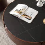 Round Sintered Stone Coffee Table with Storage - Modern Wood Accent Design for Living Room Elegance fme-3126