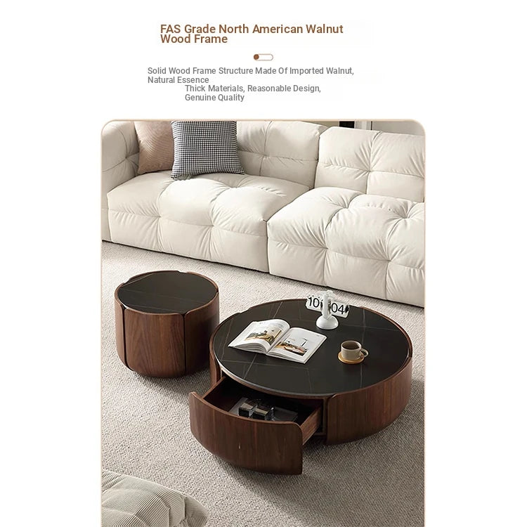 Round Sintered Stone Coffee Table with Storage - Modern Wood Accent Design for Living Room Elegance fme-3126