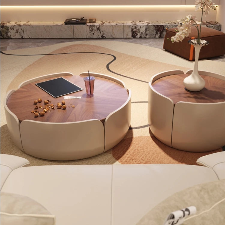 Modern Round Coffee Table with Walnut Top and Stylish Beige Base – Perfect for Living Room Décor fme-3127