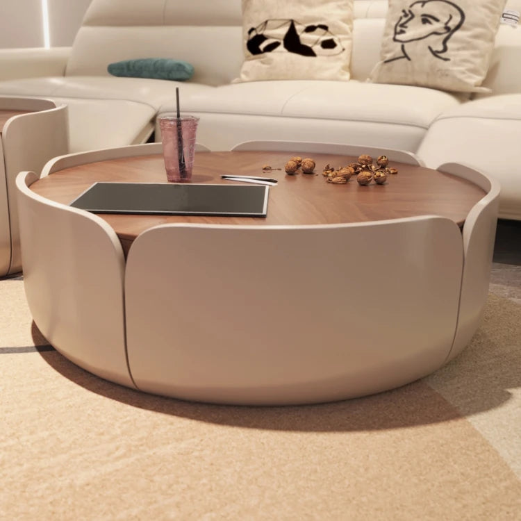 Modern Round Coffee Table with Walnut Top and Stylish Beige Base – Perfect for Living Room Décor fme-3127